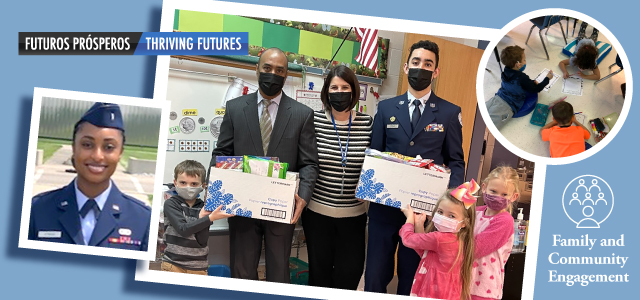 Collage of photos from Buckland Elementary School students and staff, along with photos of an Air Force ROTC cadet and an Air Force officer