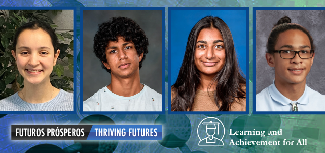 Four headshots in a horizontal row with photos of grand prize science fair winning students, left to right, Ebru Ayyorgun, Naman Agarwal, Rania Lateef, and Desmen Boykin