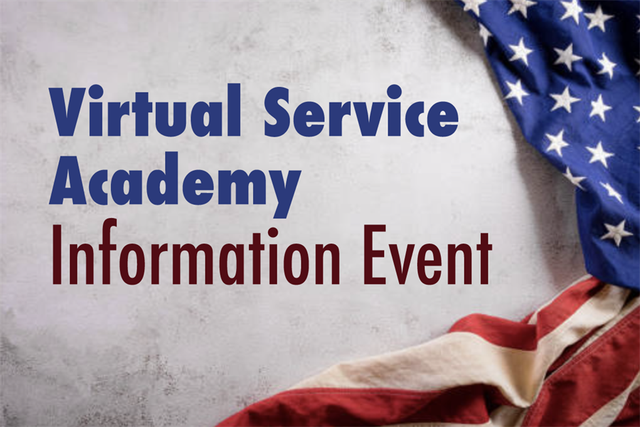 Marbled background and the folds of an American flag's red, white, blue stars and stripes around the right edge and large centered text displaying Virtual Service Academy Information Event