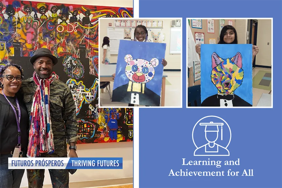 Colorful image with a photo of two adults, art teacher Dr. Laura Cherry and artist Chris Wilson, standing in front of a piece of his art and to the right two students holding up artistic creations of their own