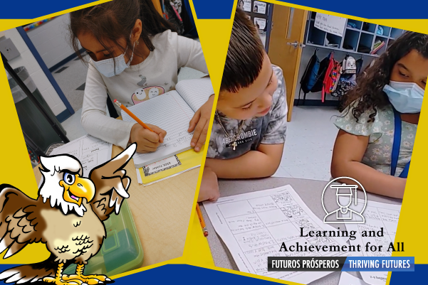 Three students writing in notebooks and looking at worksheets.