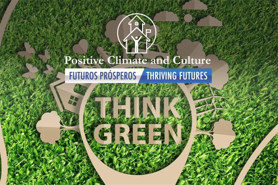 Green grass background with a center circle containing the text "think green" and surrounded by images of trees, clouds, homes