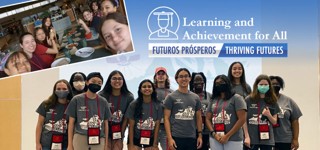 Group photo of 12 students standing together, some with face masks, wearing grey t-shirts with a Governor's School emblem. Catty-corner in the top left is a close-up photo of some of the student smiling and sitting together at a table with plates and beverages on it.