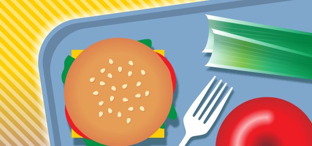 Graphic colorful image of the corner of a light blue lunch tray viewed from above displaying top seeded bun of a hanburger with cheese, lettuce, and tomato showing around edges, and portions of two celery sticks, an apple, and a fork on the tray.