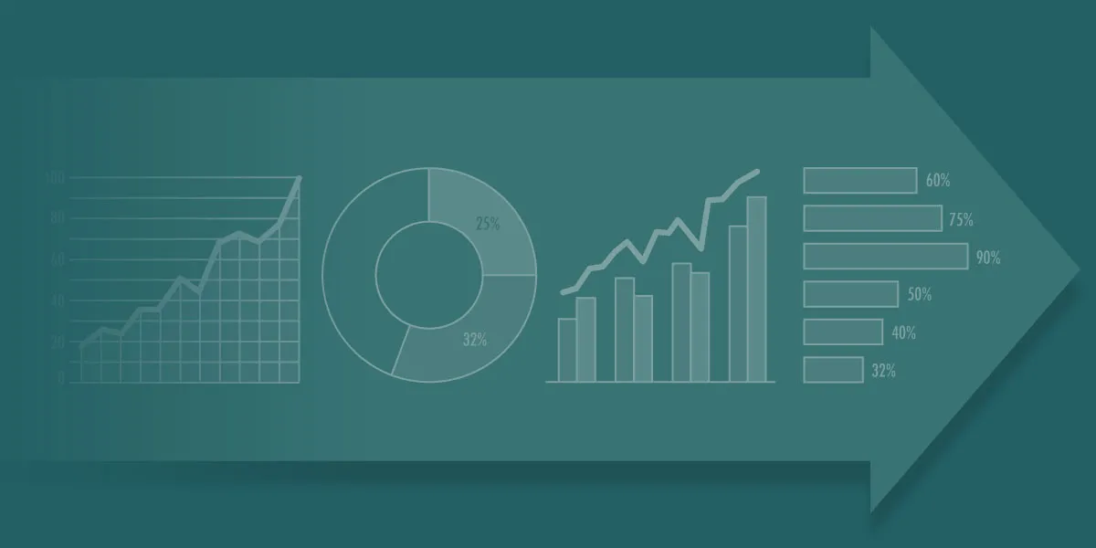 Illustration of line chart, pie chart, and bar graphs superimposed over an arrow pointing to the right