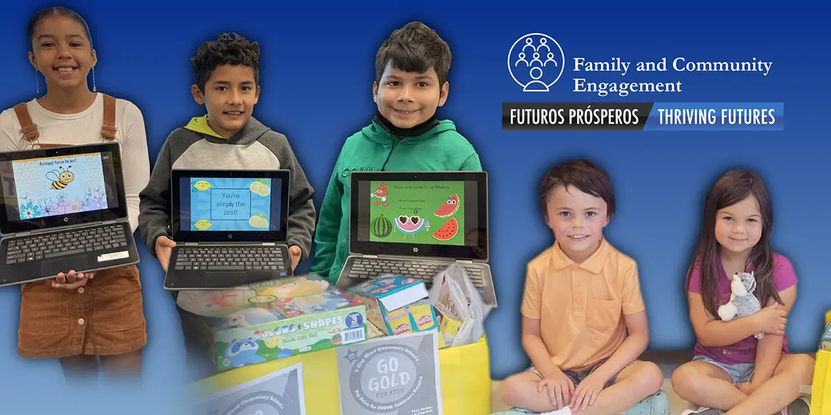 Three students pictured holding laptops that display digital cards. Two students pictured sitting on the floor next to donations.