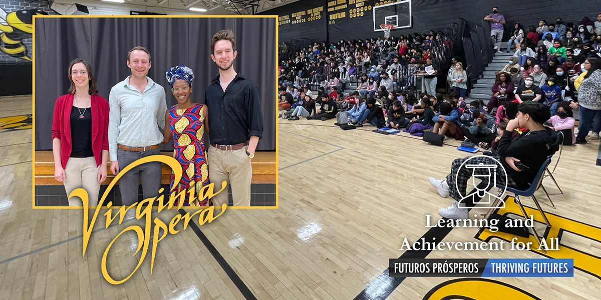 Four Opera performers pictured at Fred Lynn Middle School assembly