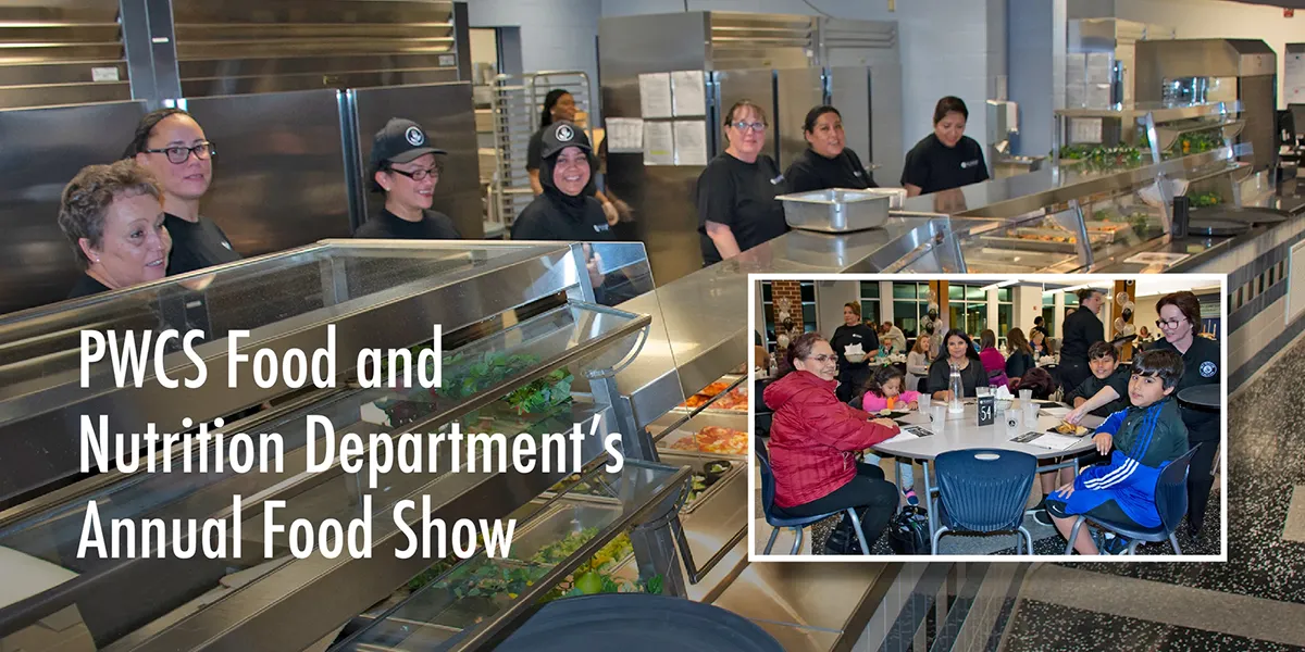 PWCS Lunch Ladies smiling and family smiling at lunch table