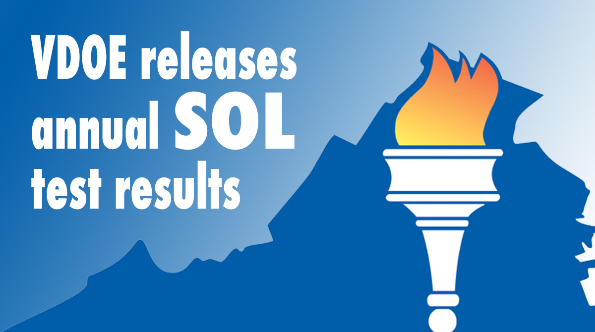 Graphic image of a blue background with a large olypic-type flaming torch and the text "State announces annual SOL test results"