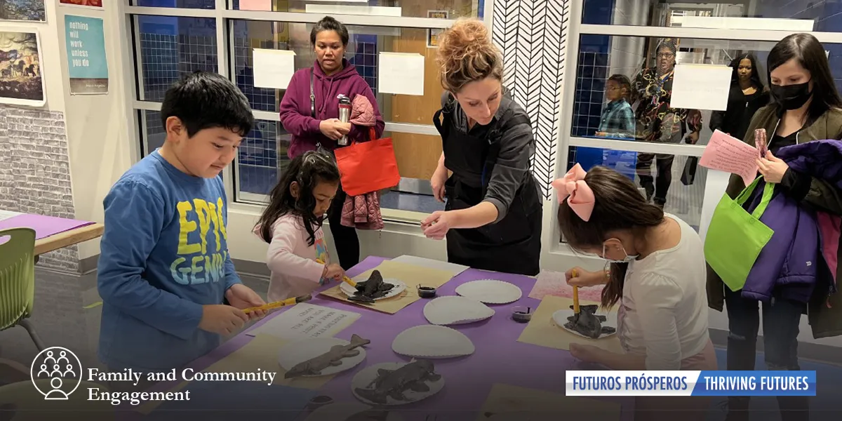 Students working on crafts with teacher