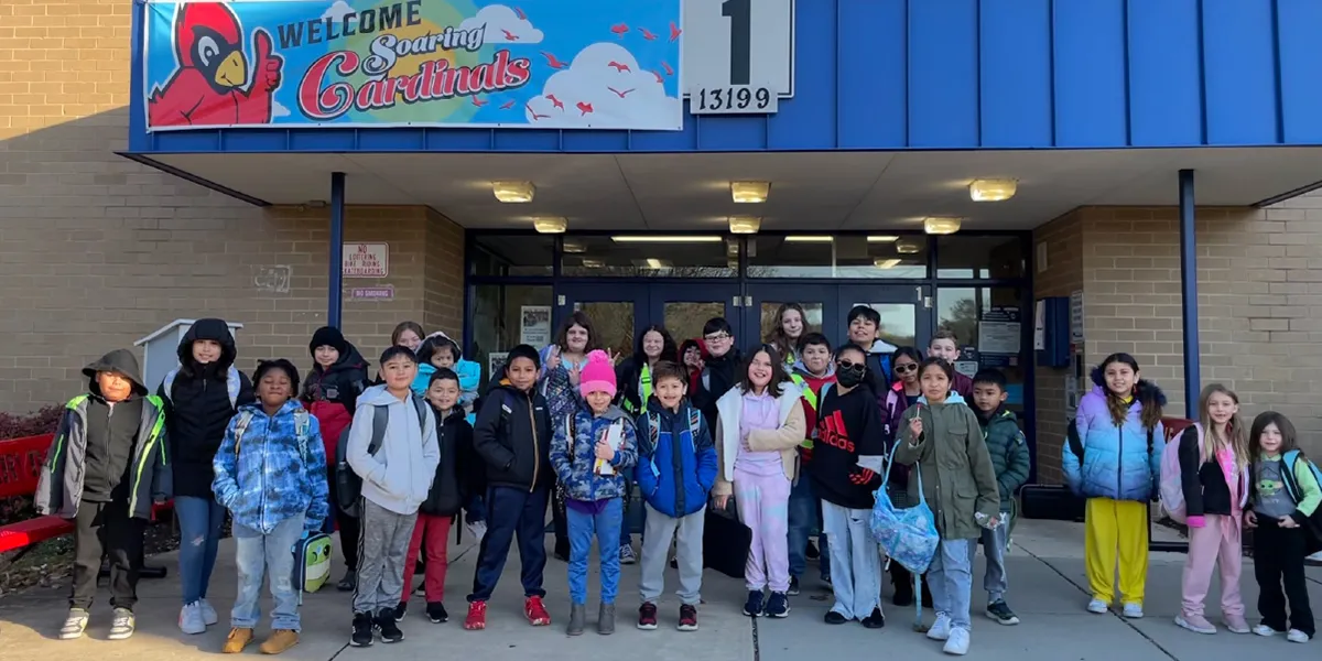 Students standing in front of Kerrydale Elementary School