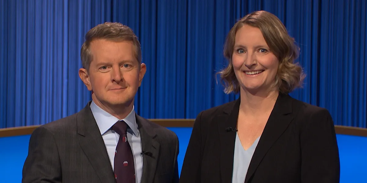 Tanya Parrott pictured with Jeopardy! host Ken Jennings