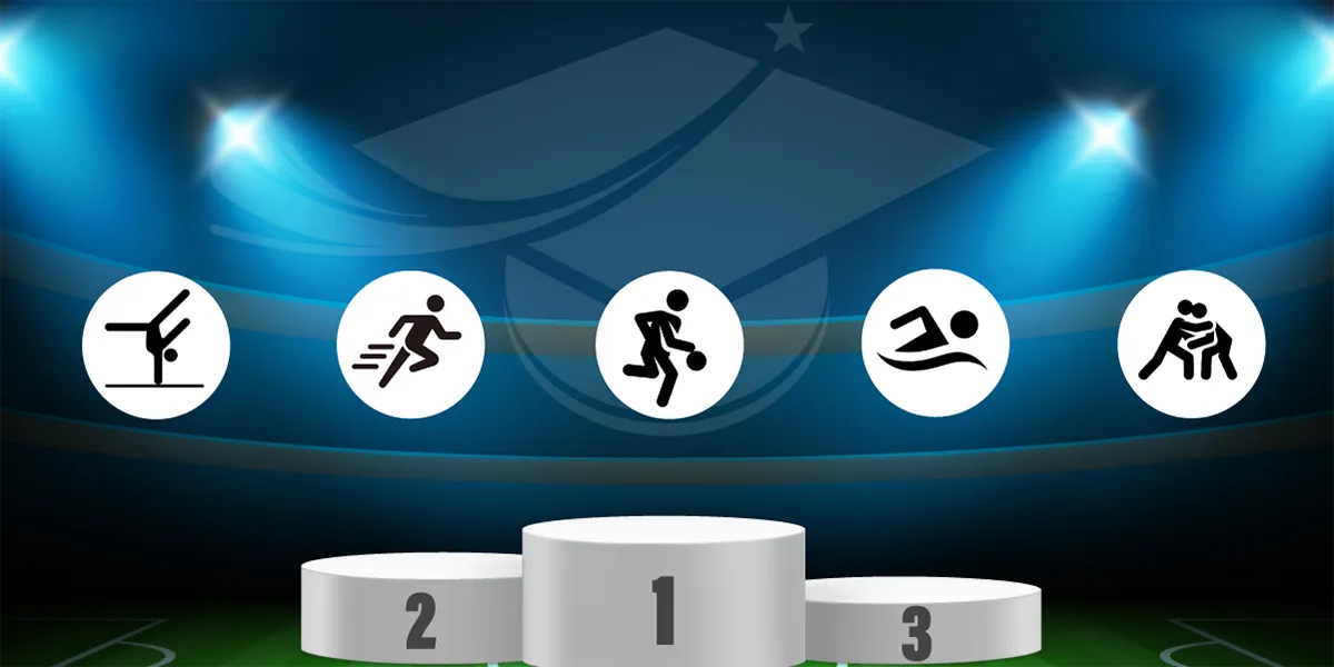 Rectangular graphic image with stage, spotlight lighting showing small white circular graphics of various portraying stick figures performing various winter sports on a midnight blue background