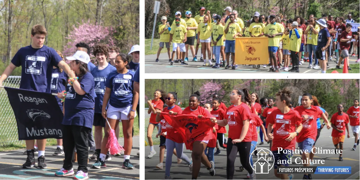 Students from Unity Braxton Middle School, Reagan Middle School, and Potomac Shores Middle School participating in Unified Track meet