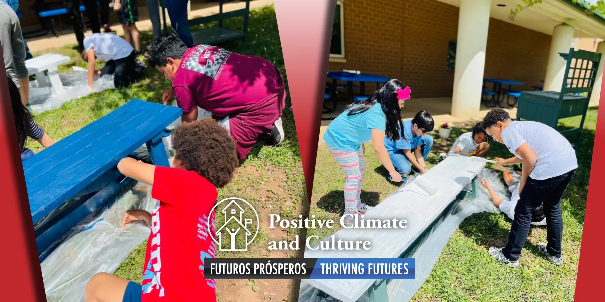 Buckland Mills Elementary School students painting benches outdoors