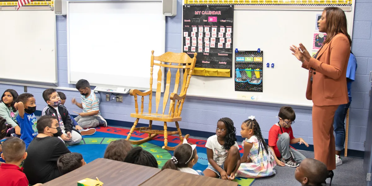 Dr. McDade speaking to an elementary school classroom