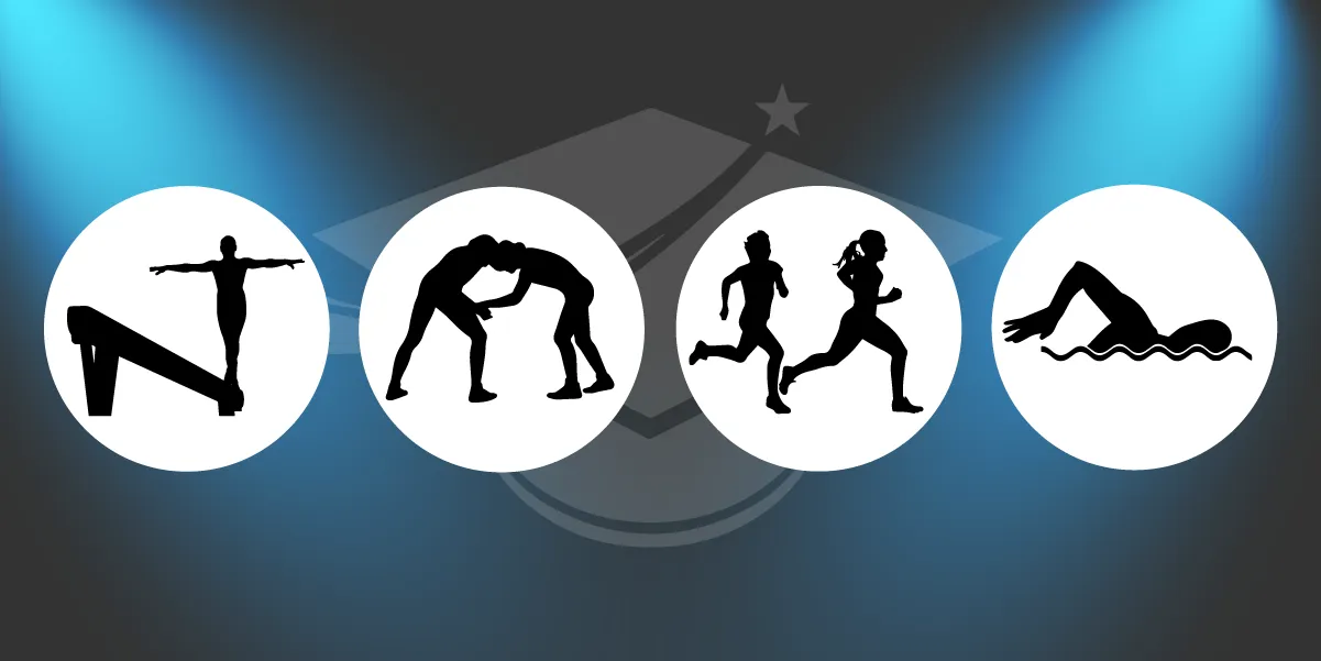 PWCS logo. Circles with silhouettes of swimmer, wrestlers, runners, gymnast