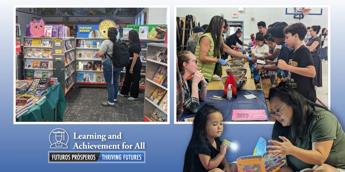 Students at Camp Read a Lot looking around the book fair, making trail mix, and reading with flashlights