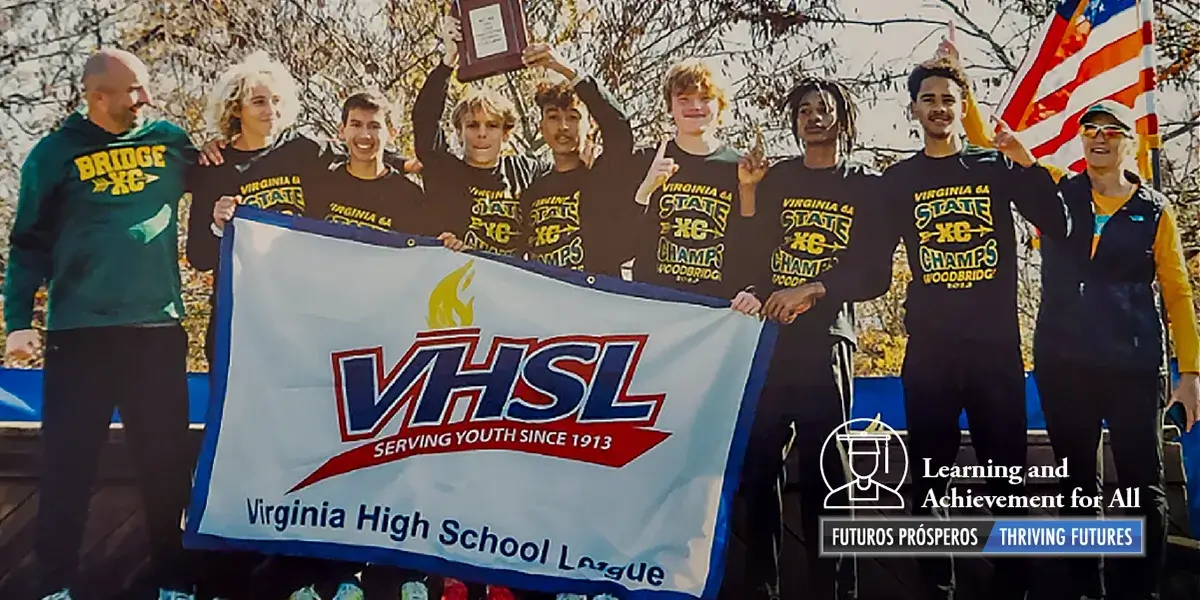 Woodbridge High School cross country team posing with their trophy