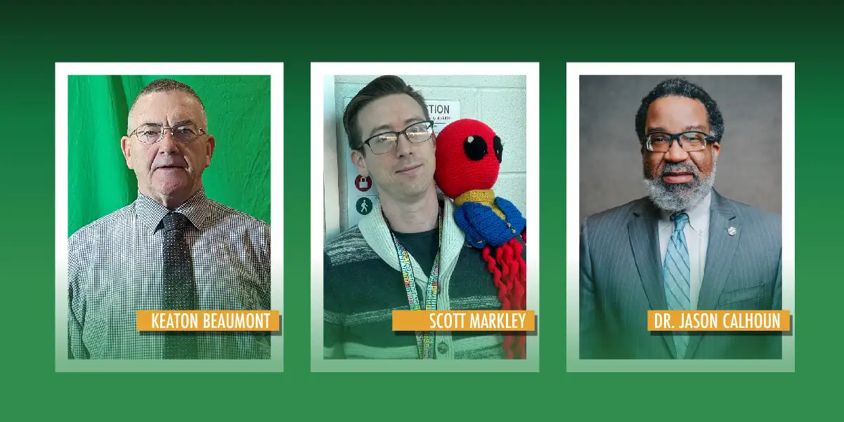 Horizontal graphic on green background with side-by-side head and should photos of three men who are the VAST RISE Award recipients: Left to right is Keaton Beaumont, Scott Markley, and Dr. Jason Calhoun