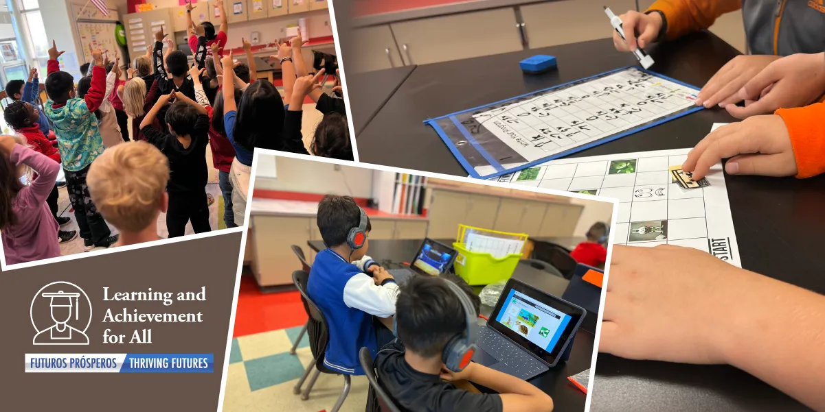 Three pictures of students in a classroom and working on computers learning coding activities