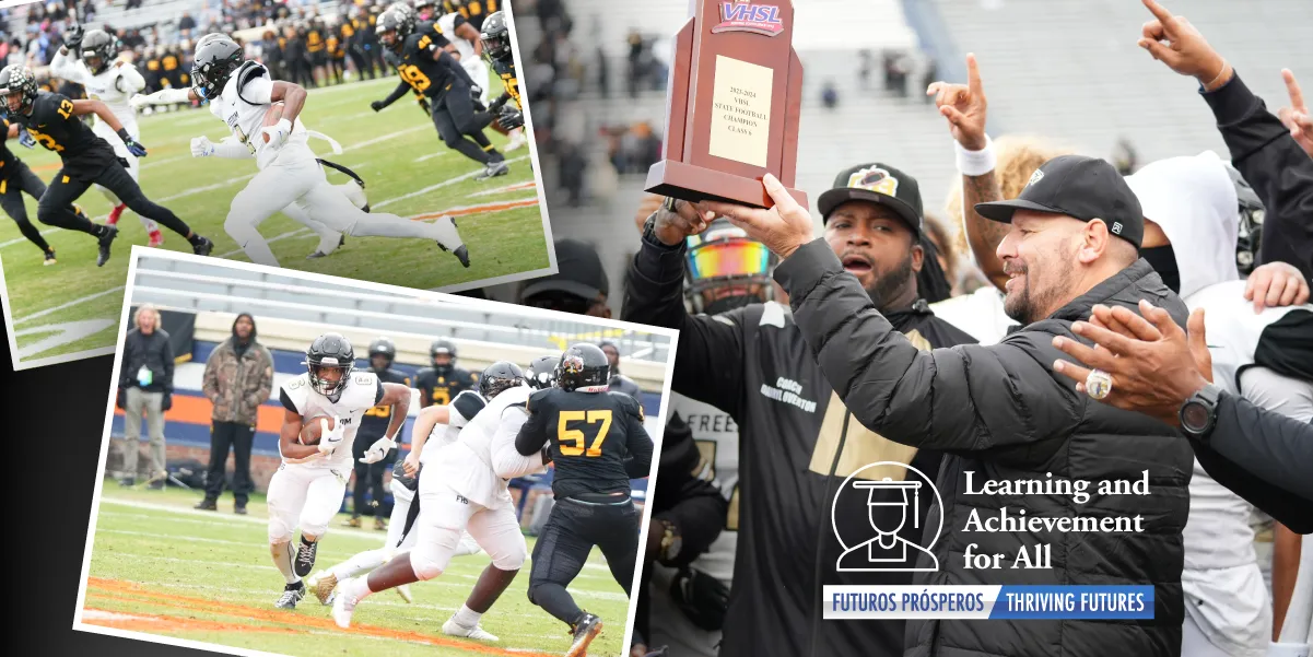 Several photo images, two of Freedom High School football players mid-play, overlapped on a horizontal rectangular layout with a third image of the a couple smiling adults in coats holding up a plaque and surrounded by applauding hands.