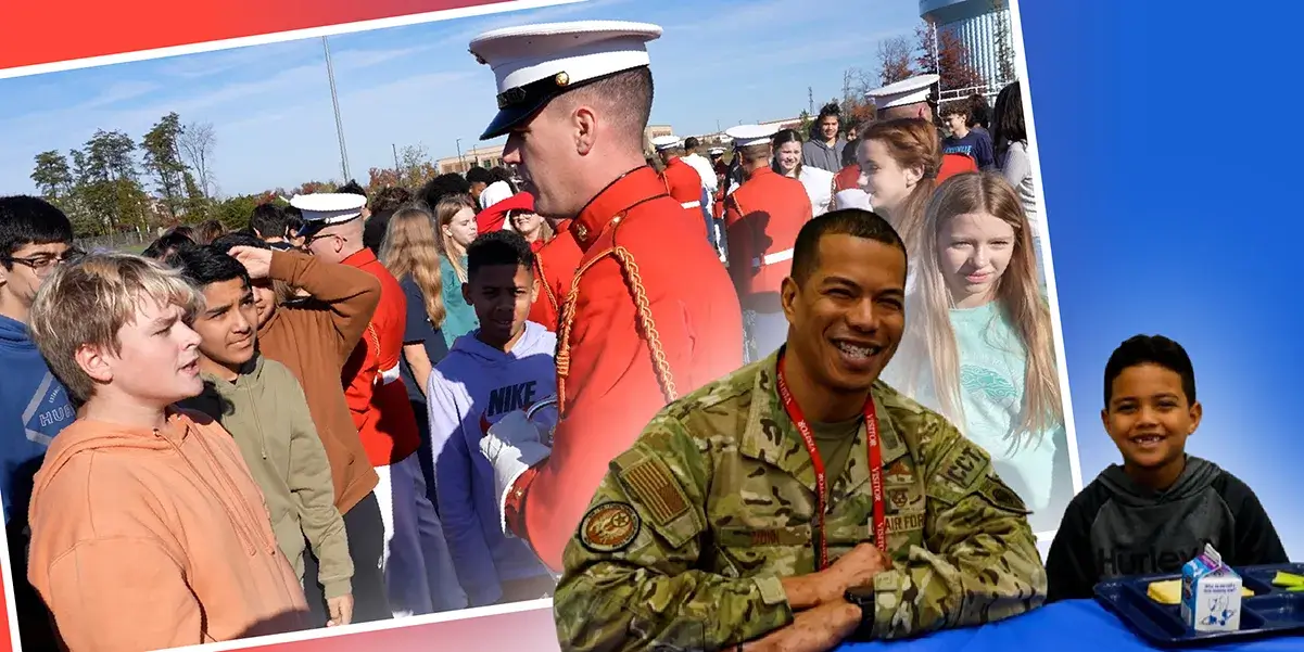 Collage of photos of U.S. military servicemen with PWCS students