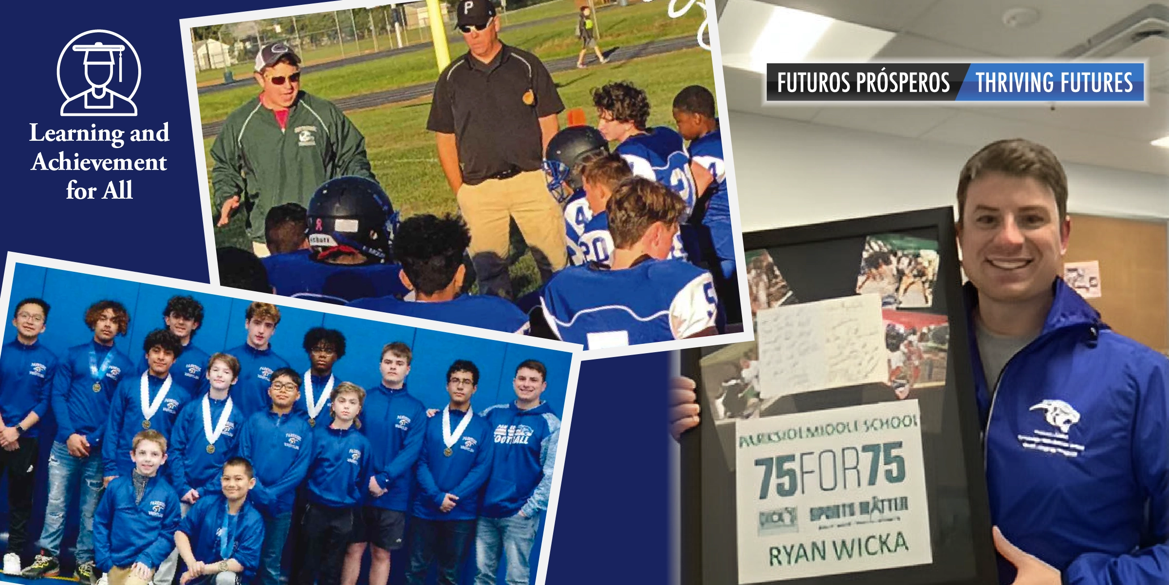 Photo of Ryan Wicka with the grant, as well as photos of the teams Wicka coaches