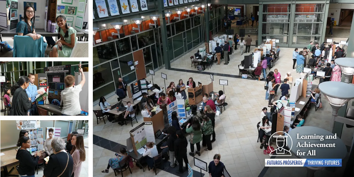 An aerial photo of the science fair with photos of students projects