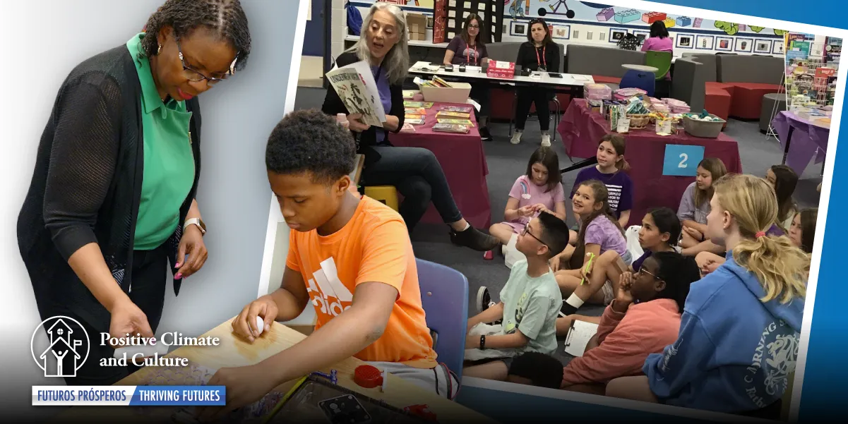 Monica Abrams and Karen Scott, PWCS School Librarians with students