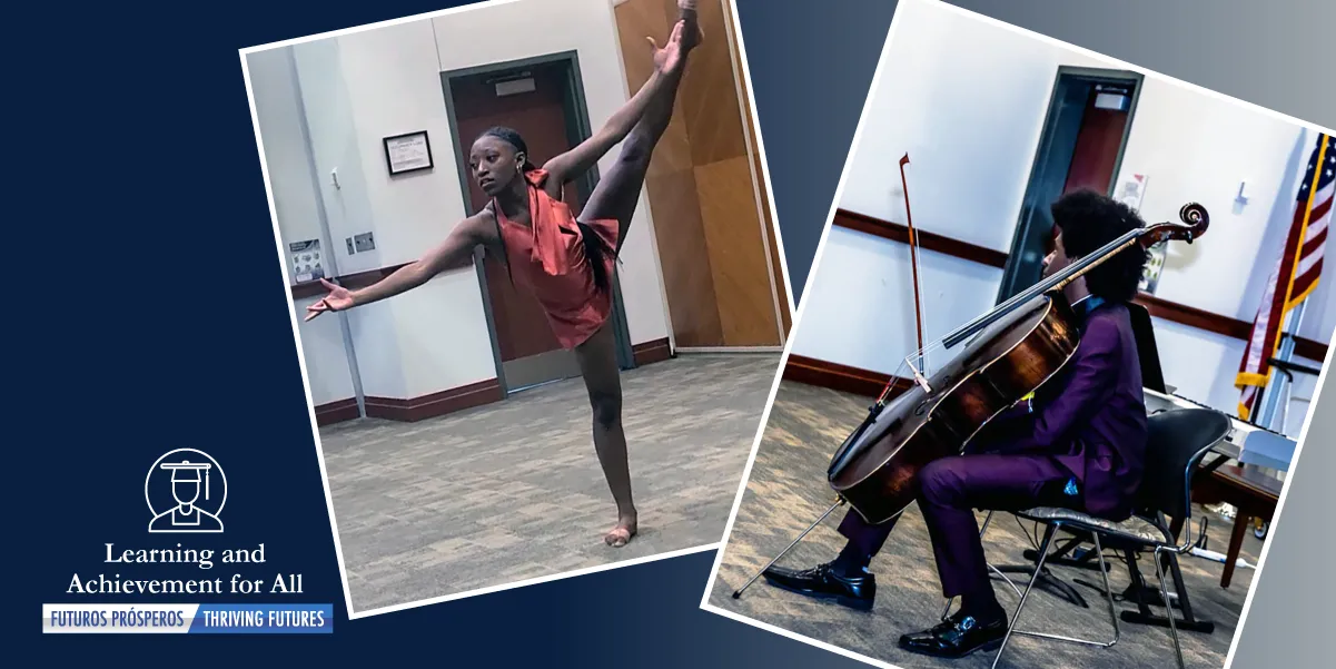 A student dancing and a student playing a cello