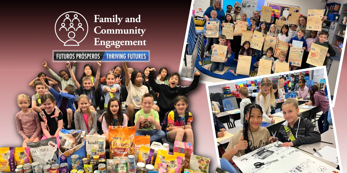 Students who participated in the donation project with the food and materials they donated.