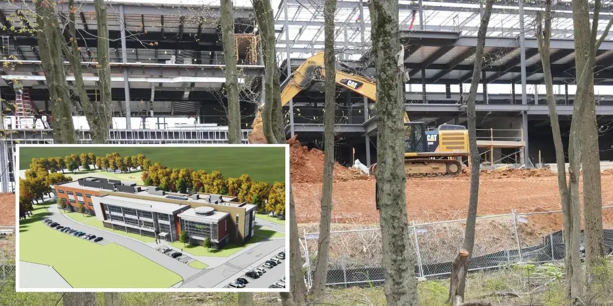 Collage of Woodbridge Area Elementary School construction site and architectural drawing