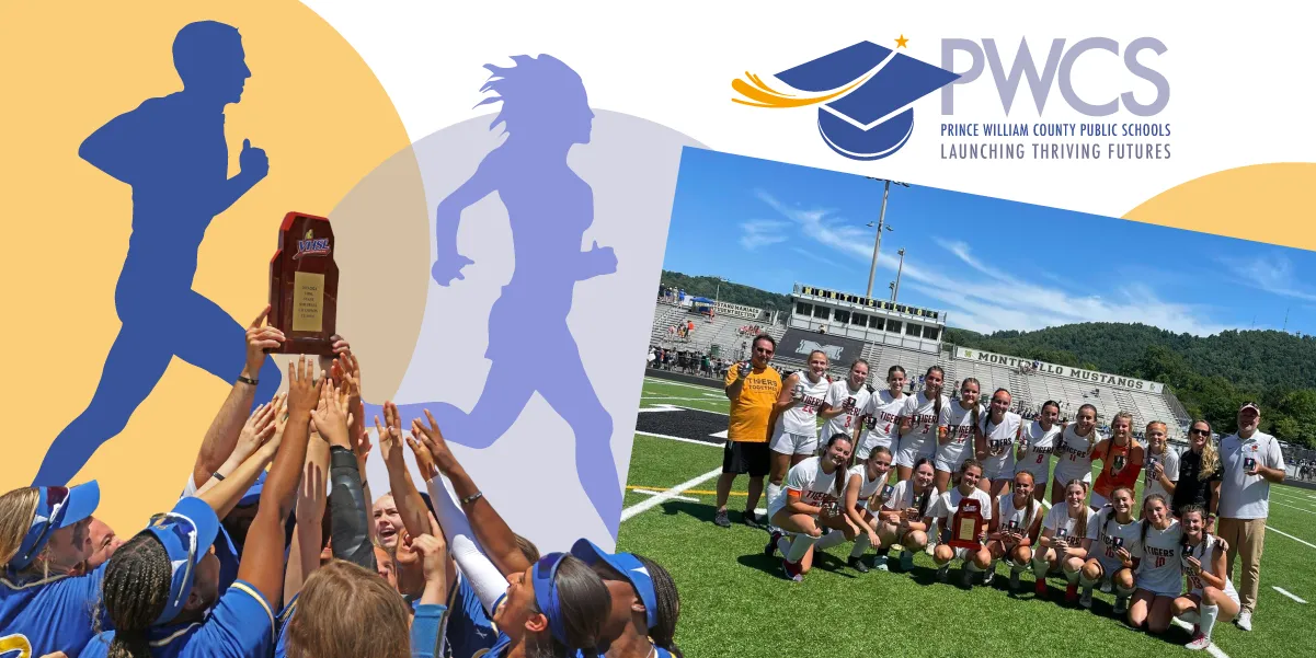 Photo collage of the girls soccer team at Brentsville District High School and the girls softball team at Osbourn Park High School