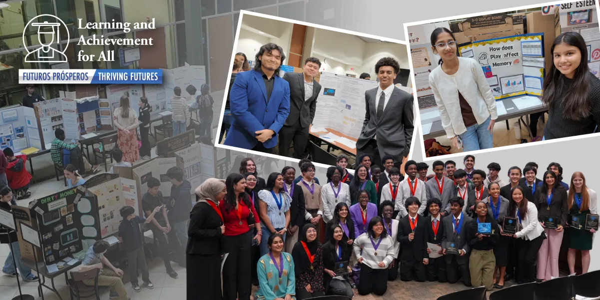 Students with science fair projects and people at the fair viewing projects