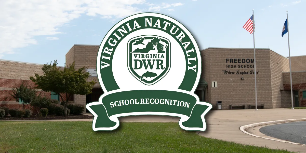 Virginia Natural School Recognition logo superimposed over a photo of a school entrance 