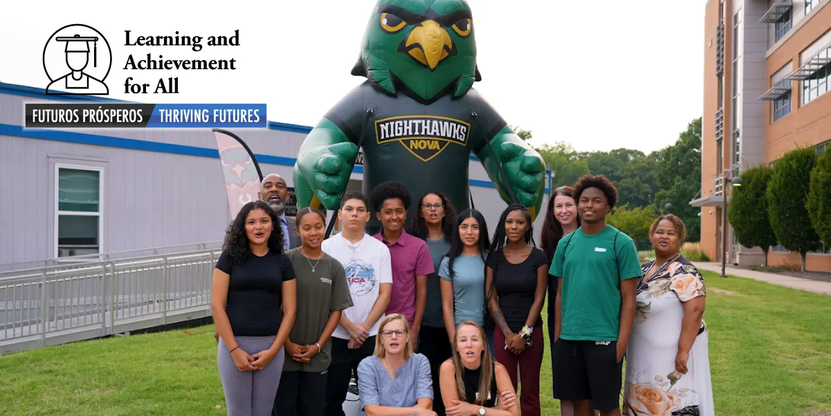 Group of Freedom HS students with NOVA mascot, Freedom principal and NOVA provost