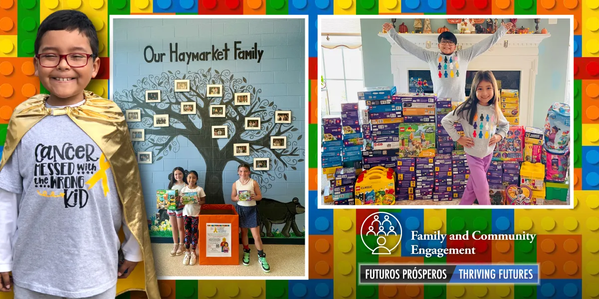 Niko and Zoe at home with several lego boxes. Three students in front of donation box at school