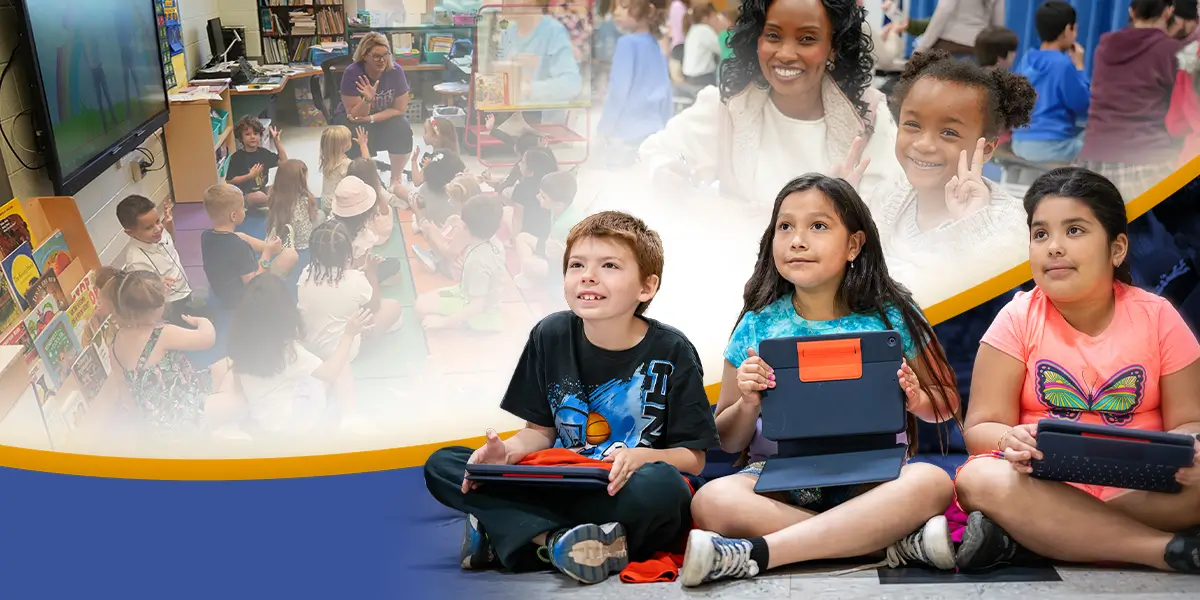 Three separate images of students, students with teacher, student with parent
