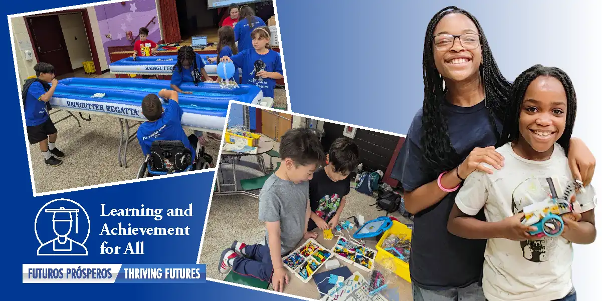 Collage of children participating in hands-on learning activities, smiling student holding a robotics project