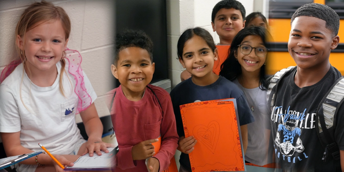 A cheerful group of students engaging in creative activities, showcasing their art and smilin