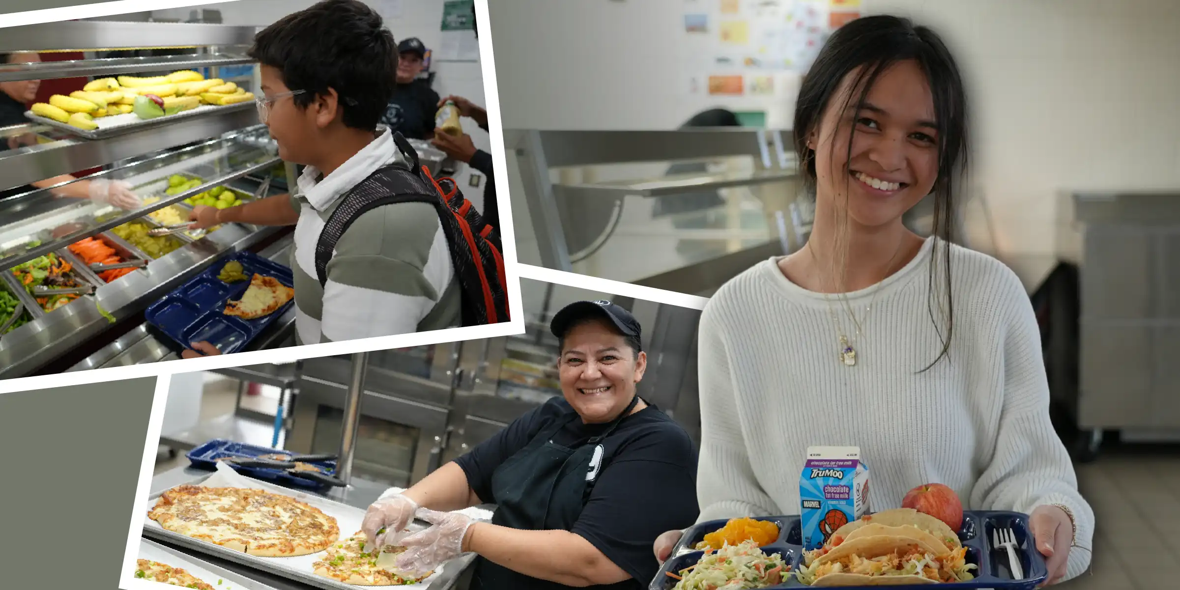 Students and cafeteria staff serving and holding school lunch trays in a cafeteria.