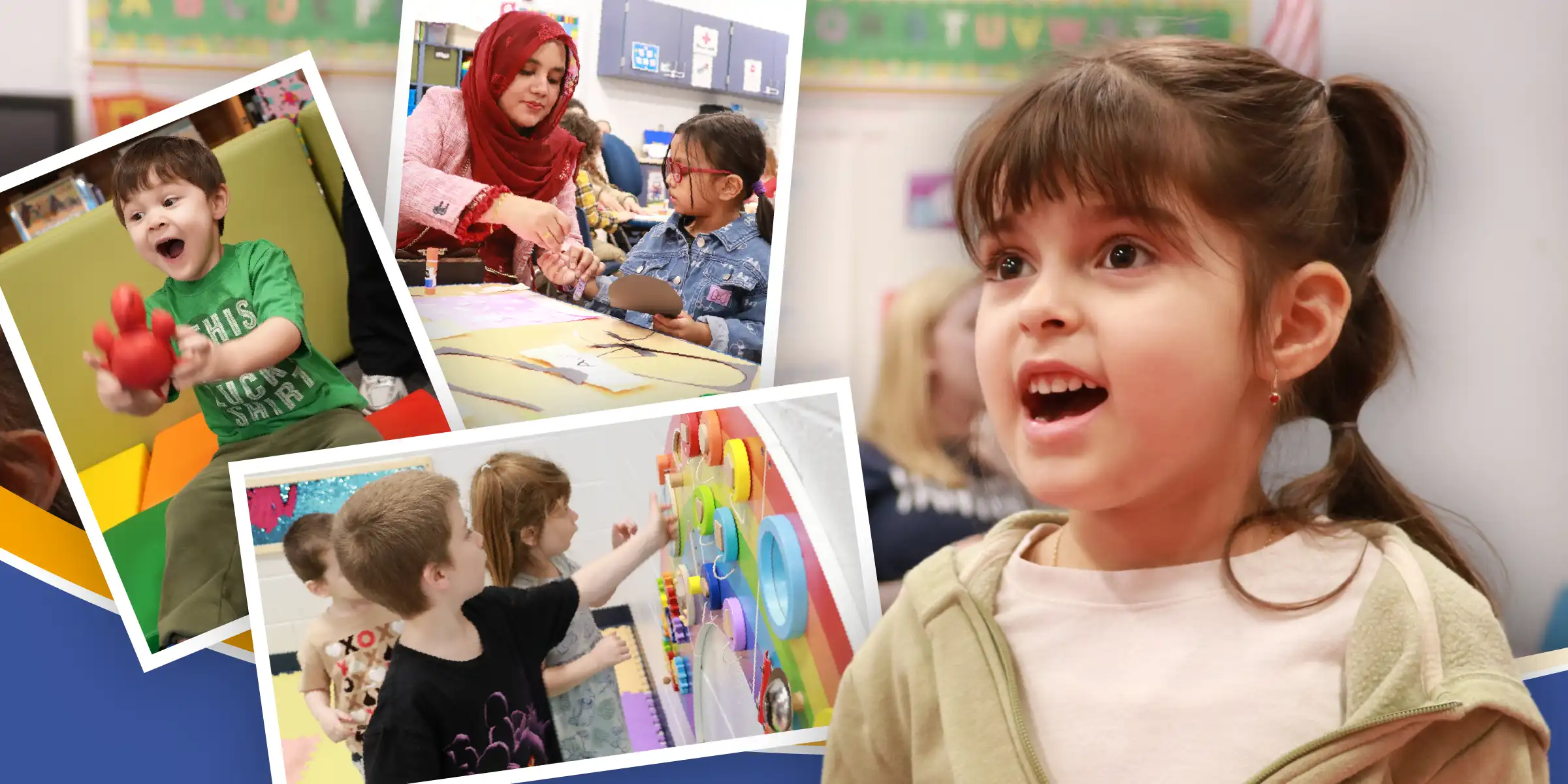 Excited young girl in a classroom, with smaller photos showing kids playing and doing activities in the background.