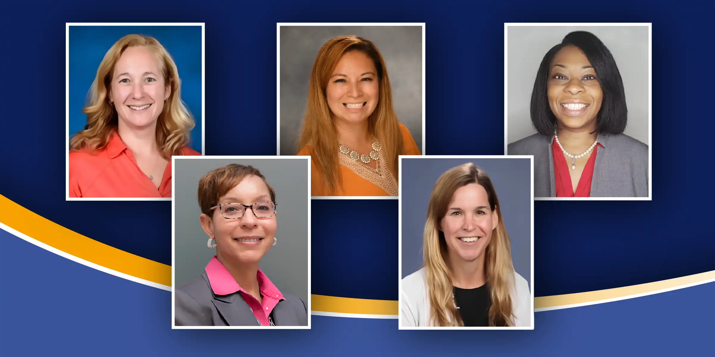 Collage of five smiling professional headshots on a blue background with curved gold and white accents.