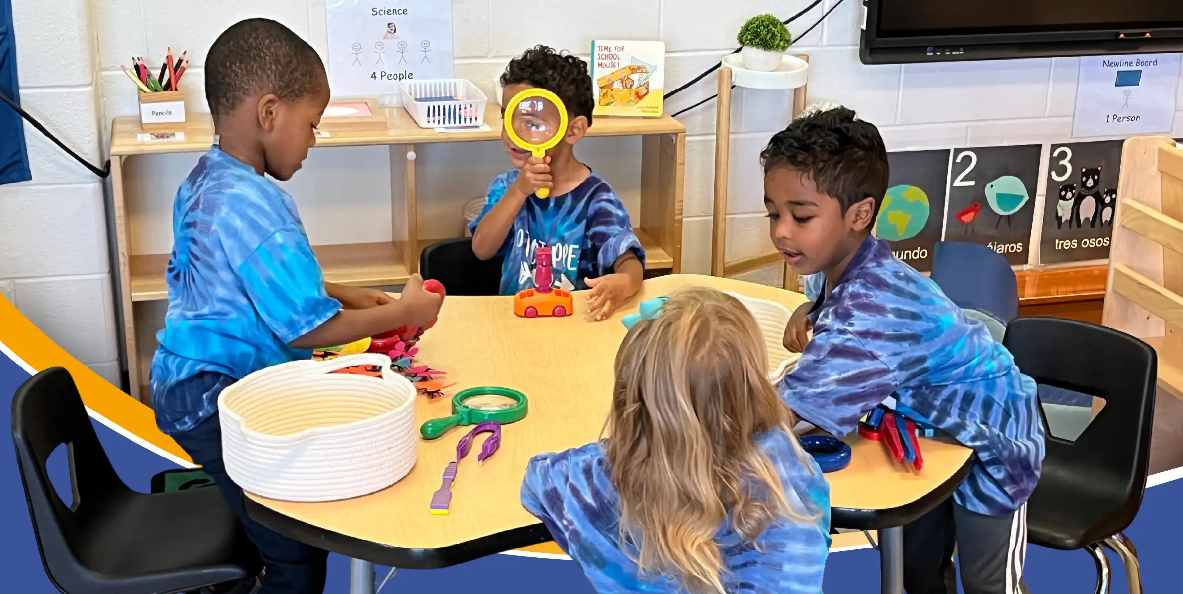 Preschoolers play and learn at a table