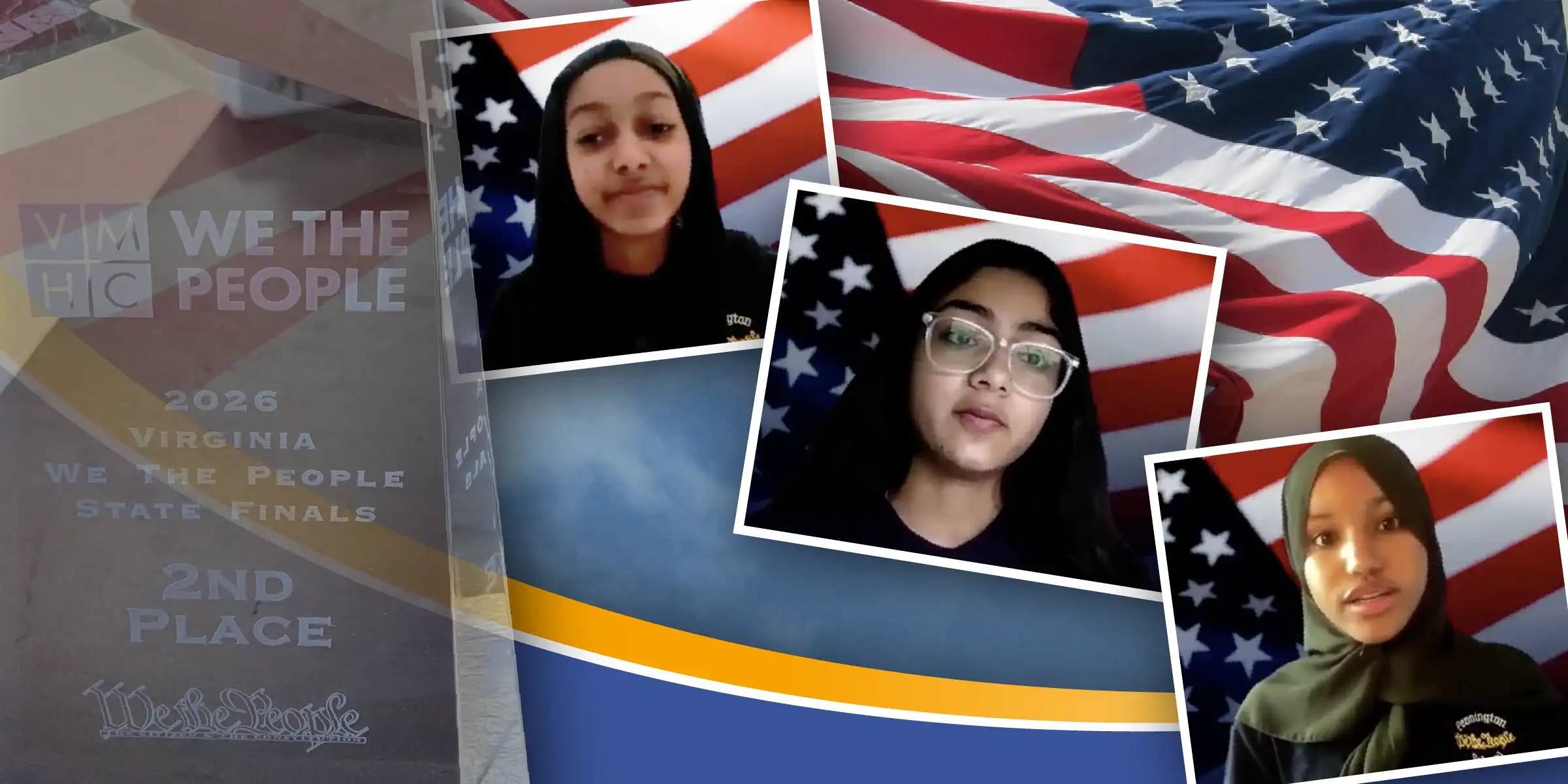 graphic of 3 students at We the People competition and their trophy