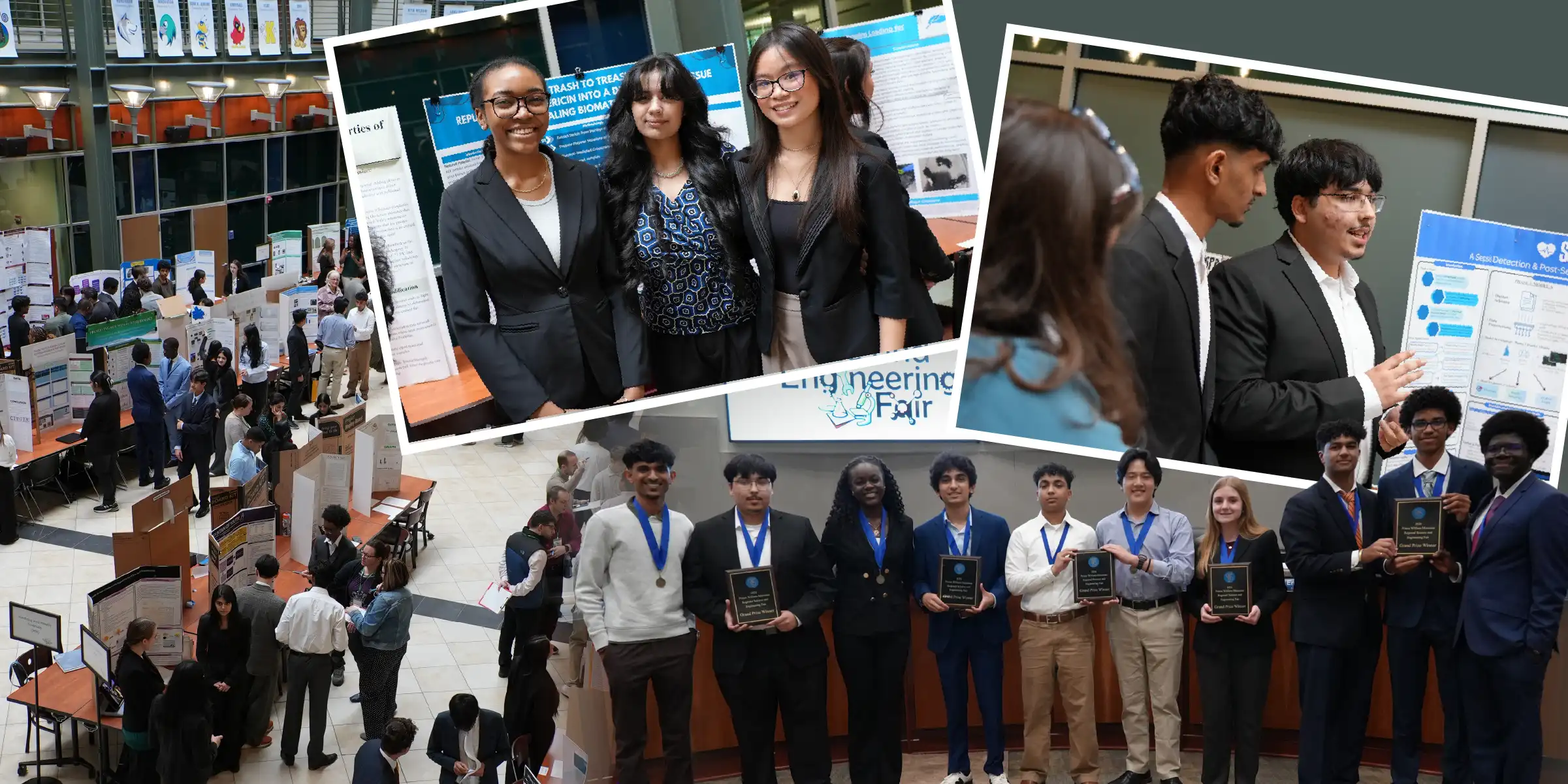 Collage of students at an engineering fair, presenting research posters and posing with awards.