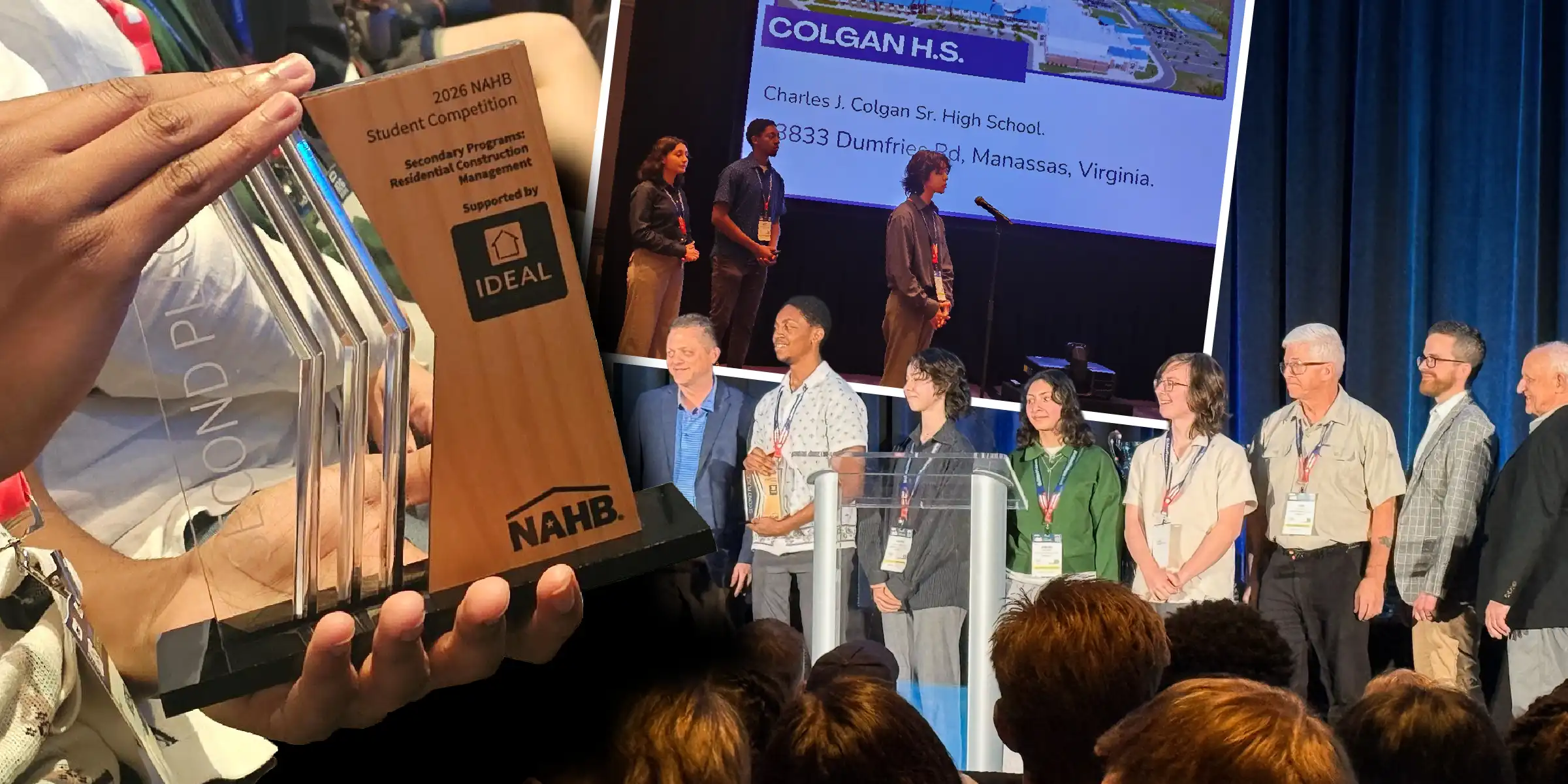 Students and judges on stage at an awards ceremony, with a close-up of a NAHB student competition trophy.