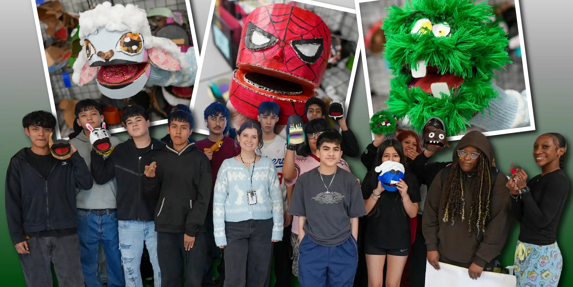 Group of students and a teacher posing with handmade puppet masks, with large photos of the puppets (including Spider-Man and a green fuzzy monster) in the background.