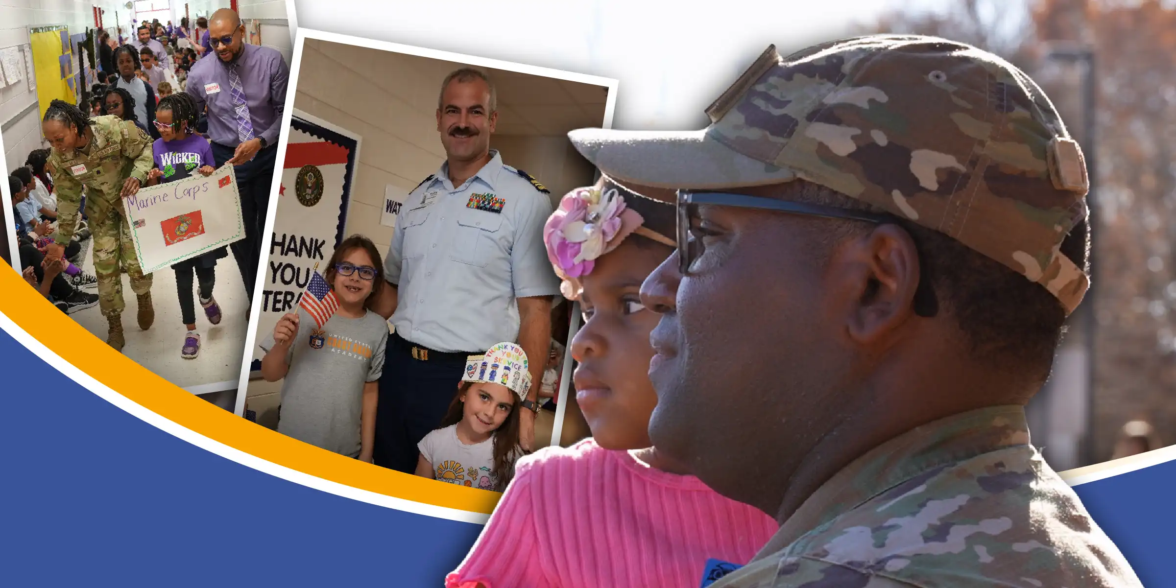 Service member in uniform with a young child in the foreground, with photos of military personnel visiting their children at schools in the background.